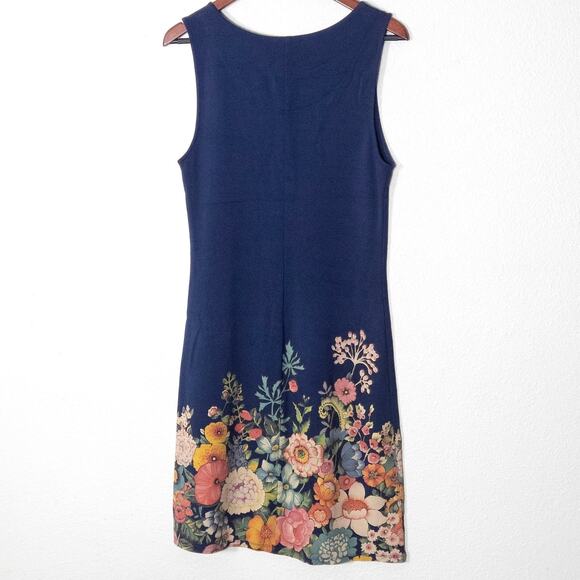 Desigual Navy Sleeveless Shift Dress Size L Botanical Hem Resort Boho - Picture 2 of 6